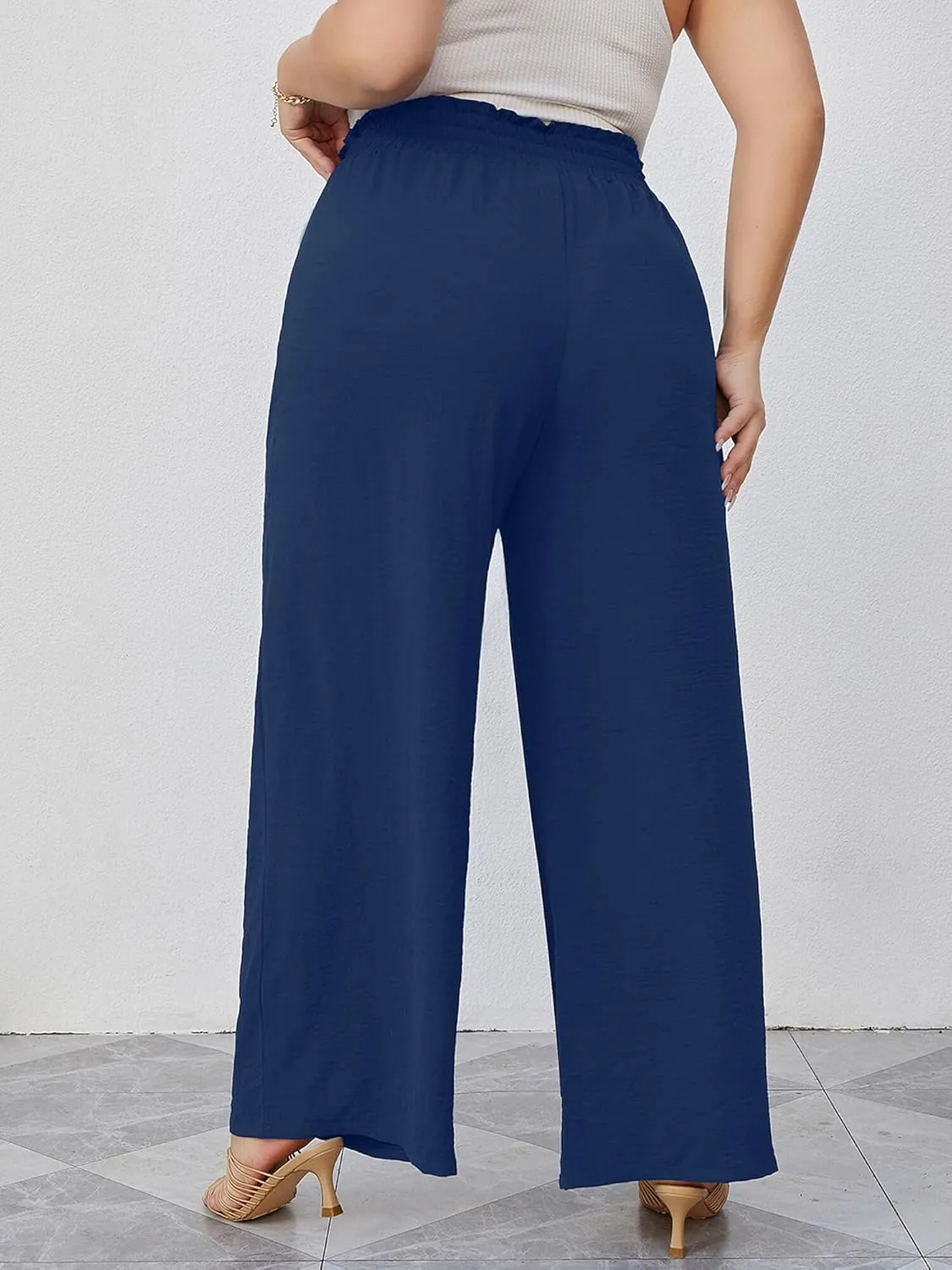 AusLook Women's Plus Size Wide Leg Lounge Pants with Pockets High Waisted Palazzo Adjustable Tie Knot Trousers