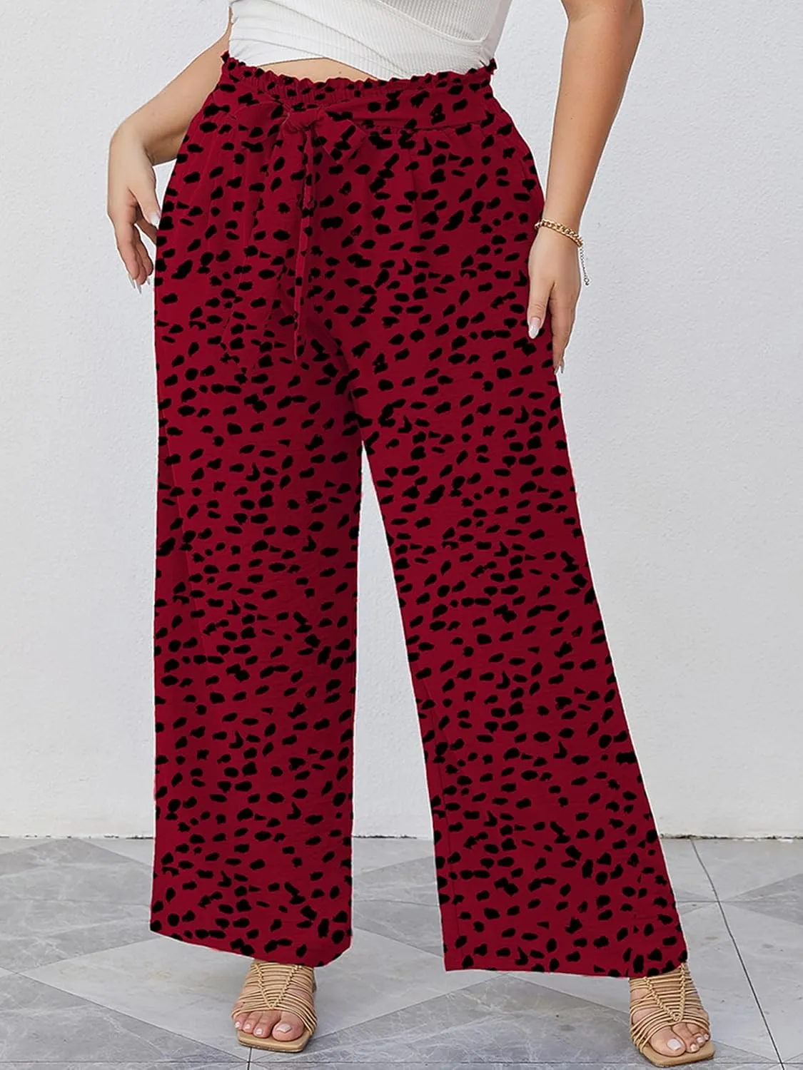 AusLook Women's Plus Size Wide Leg Lounge Pants with Pockets High Waisted Palazzo Adjustable Tie Knot Trousers
