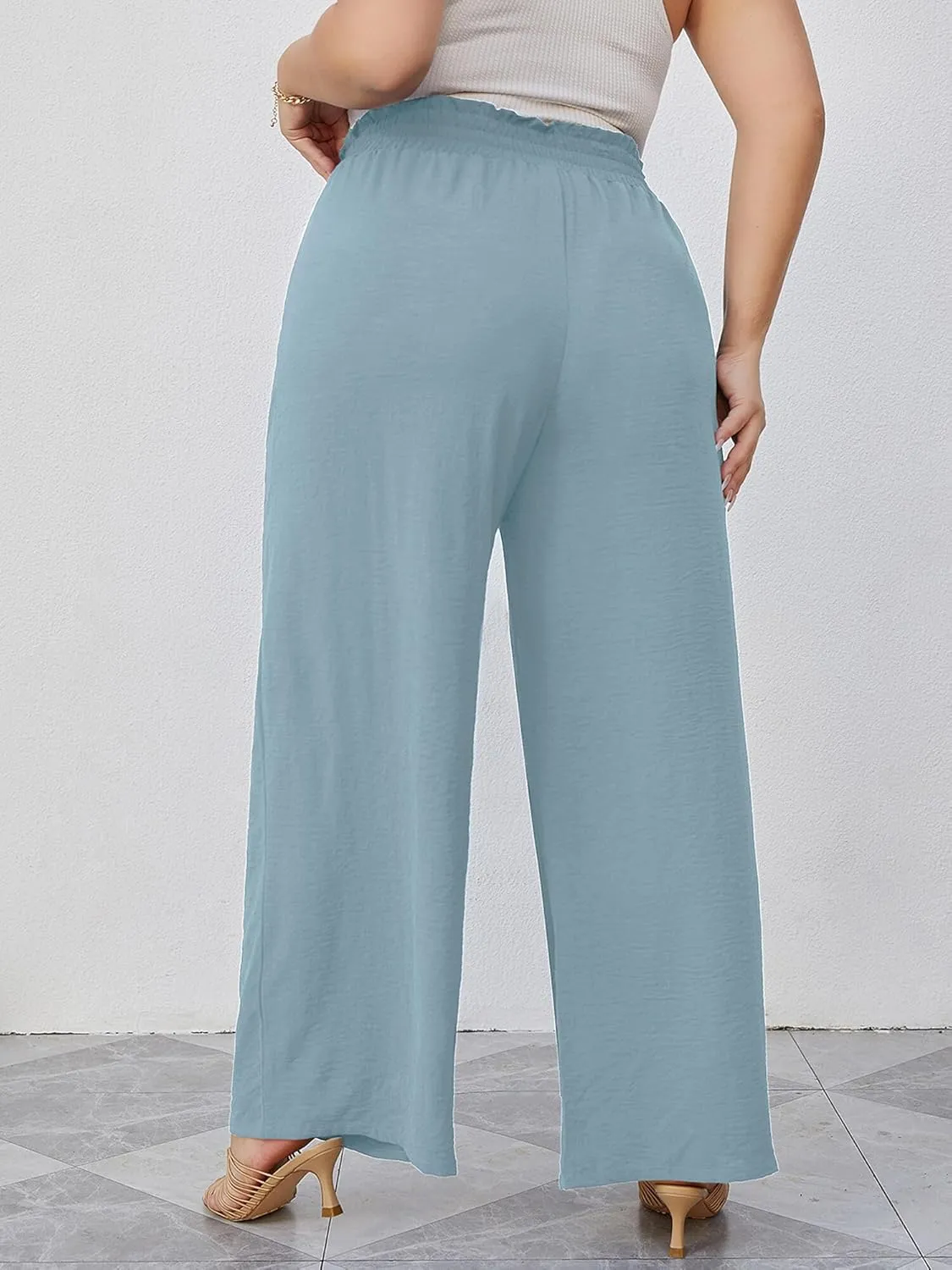 AusLook Women's Plus Size Wide Leg Lounge Pants with Pockets High Waisted Palazzo Adjustable Tie Knot Trousers