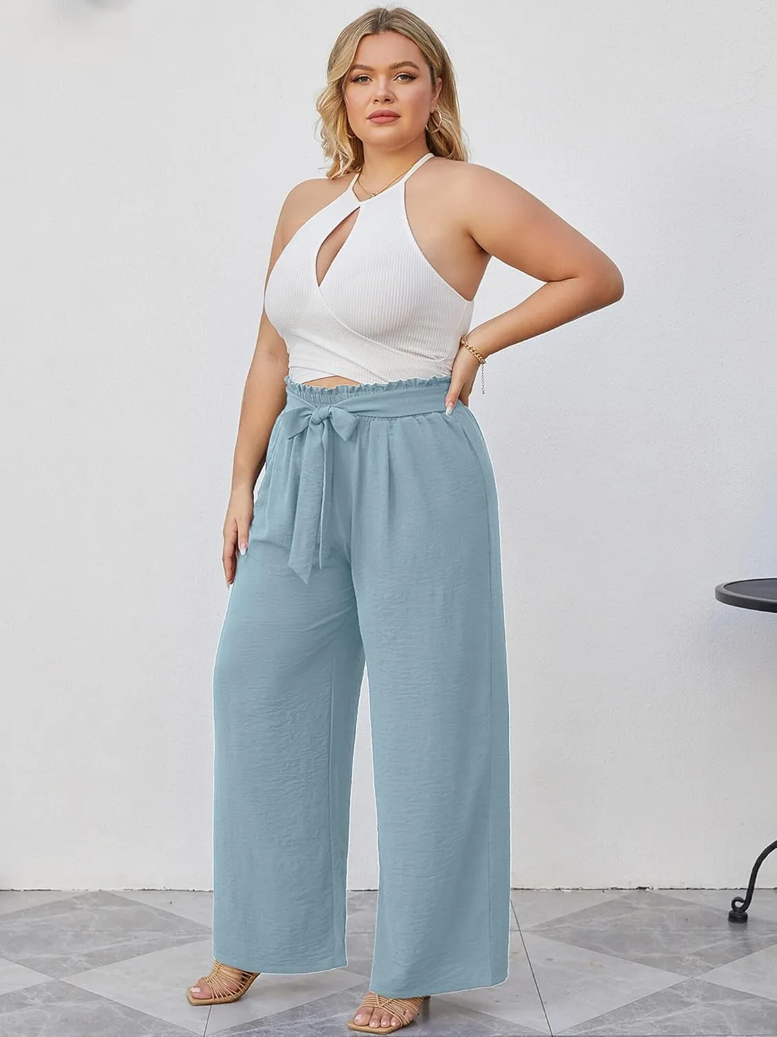 AusLook Women's Plus Size Wide Leg Lounge Pants with Pockets High Waisted Palazzo Adjustable Tie Knot Trousers