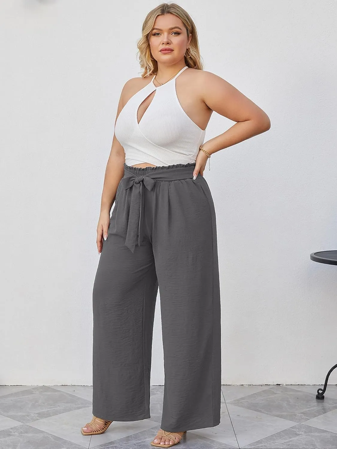 AusLook Women's Plus Size Wide Leg Lounge Pants with Pockets High Waisted Palazzo Adjustable Tie Knot Trousers
