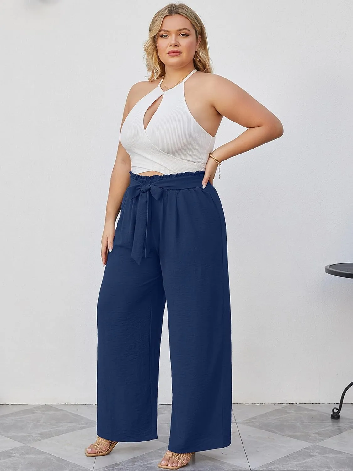 AusLook Women's Plus Size Wide Leg Lounge Pants with Pockets High Waisted Palazzo Adjustable Tie Knot Trousers