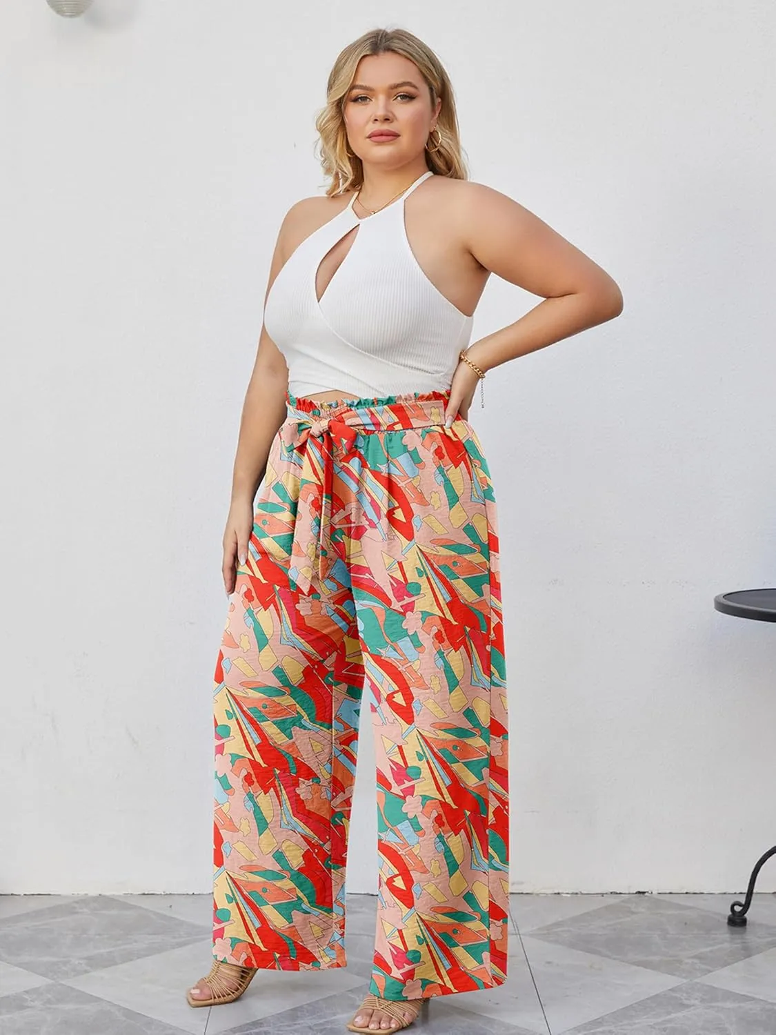 AusLook Women's Plus Size Wide Leg Lounge Pants with Pockets High Waisted Palazzo Adjustable Tie Knot Trousers