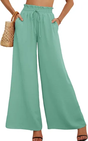 AusLook Women's Wide Leg Dress Pants with Pockets Lightweight High Waisted Adjustable Tie Knot Loose Lounge Trousers