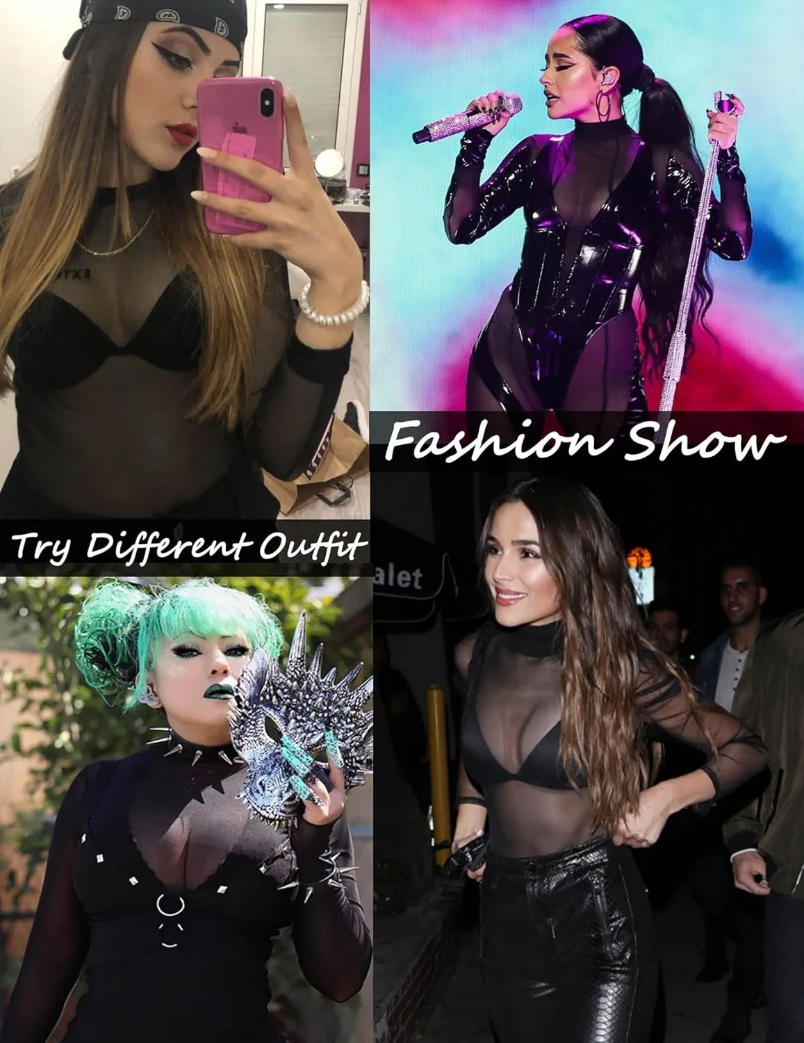 Avidlove Mesh Top for Women Long Sleeve See Through Shirt Mock Neck Sheer Blouse S-XXL