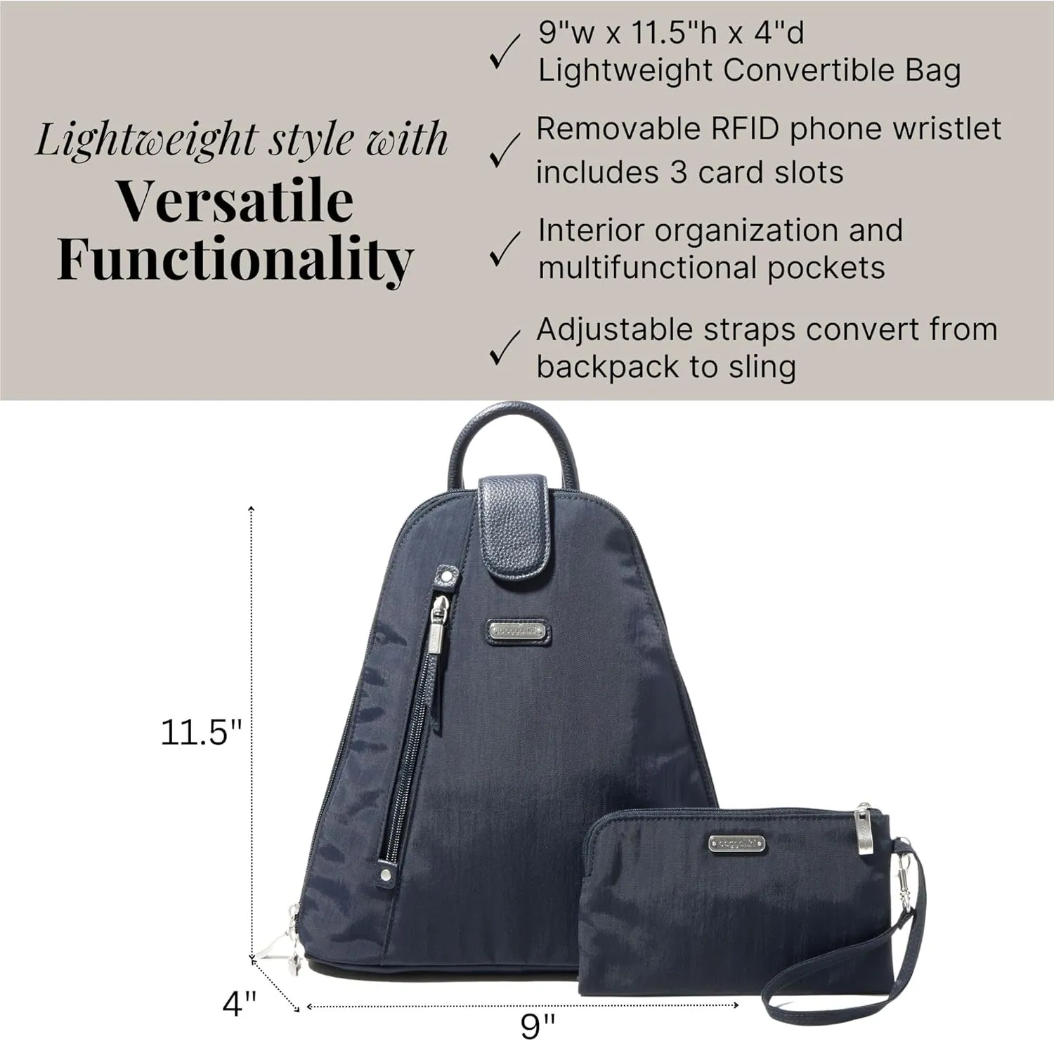 Baggallini Metro Backpack with RFID Phone Wristlet - 9x11 Convertible Sling Bag for Women with Adjustable Shoulder Straps