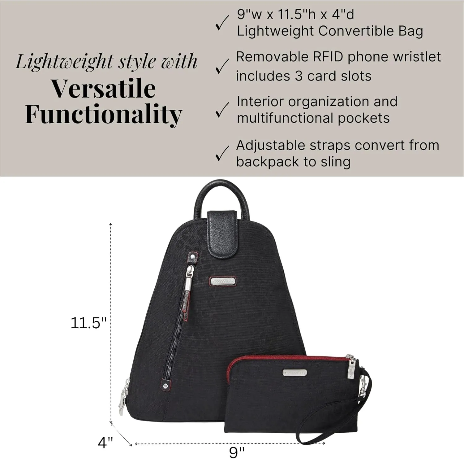 Baggallini Metro Backpack with RFID Phone Wristlet - 9x11 Convertible Sling Bag for Women with Adjustable Shoulder Straps