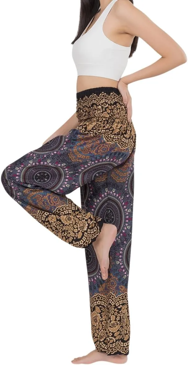 Banjamath Women's Smocked Waist Harem Hippie Boho Yoga Palazzo Casual Pants
