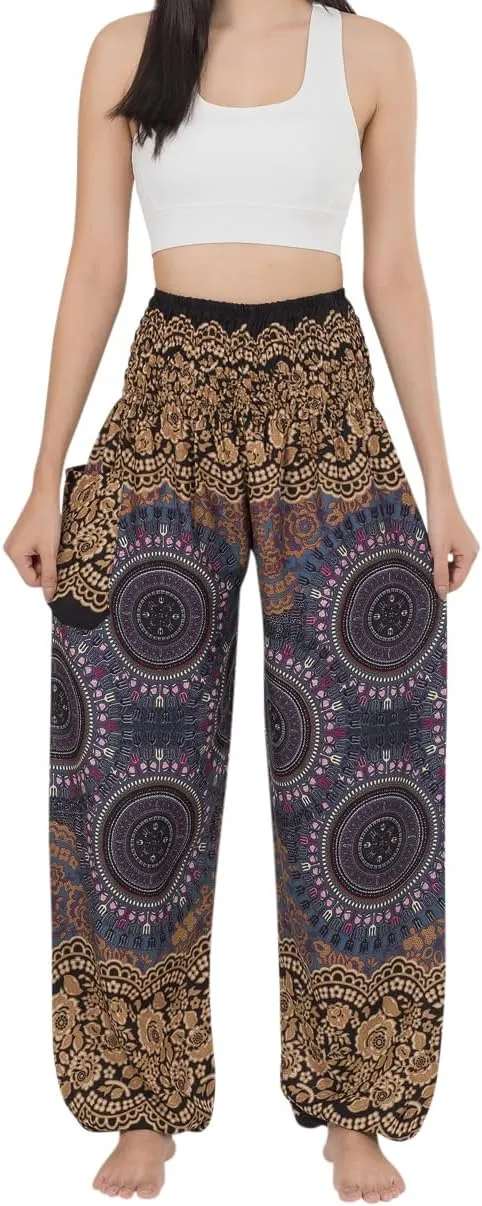 Banjamath Women's Smocked Waist Harem Hippie Boho Yoga Palazzo Casual Pants