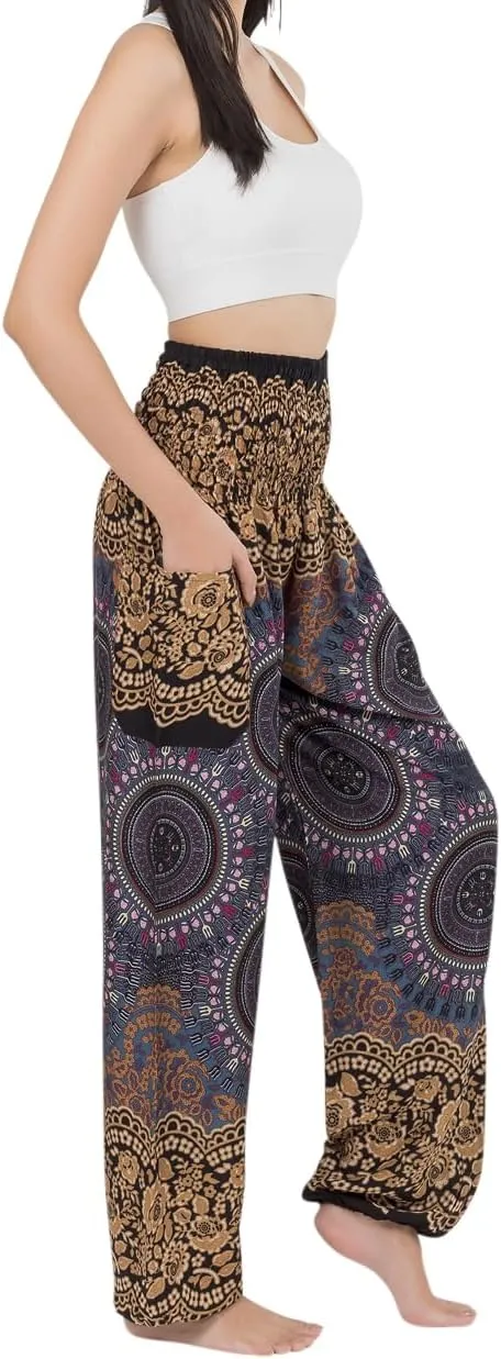Banjamath Women's Smocked Waist Harem Hippie Boho Yoga Palazzo Casual Pants