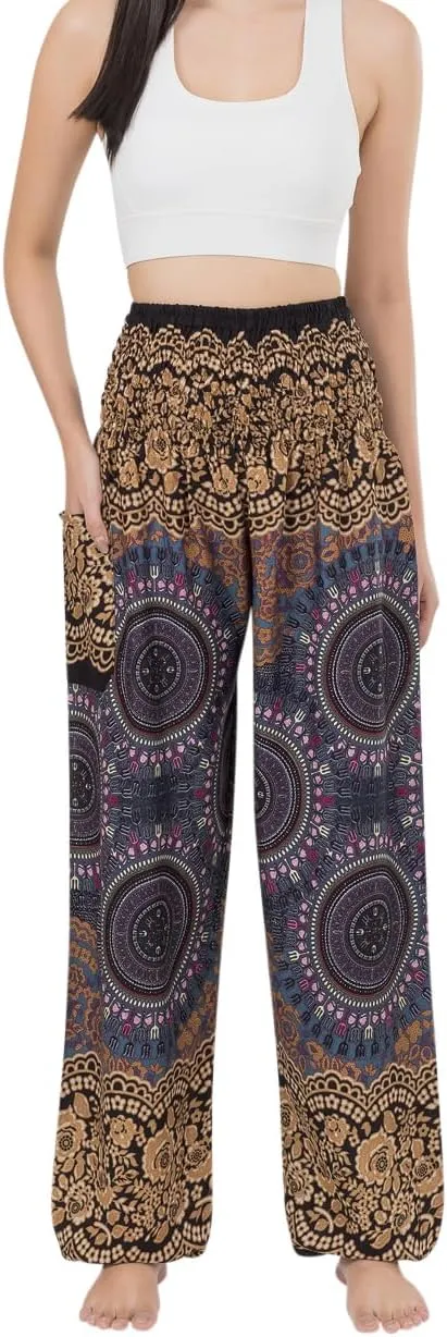 Banjamath Women's Smocked Waist Harem Hippie Boho Yoga Palazzo Casual Pants