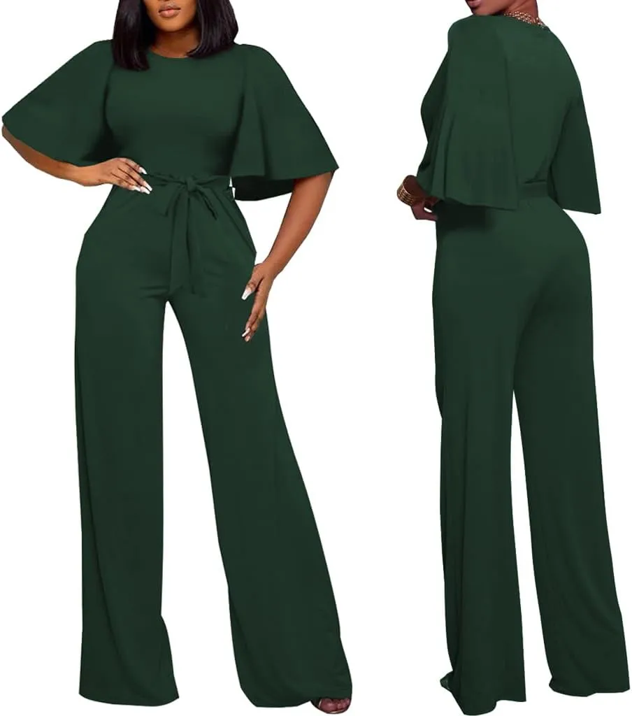 BessCops Womens Loose Short Sleeve Belted Wide Leg Pant Romper Jumpsuit Casual Business One Piece Outfits