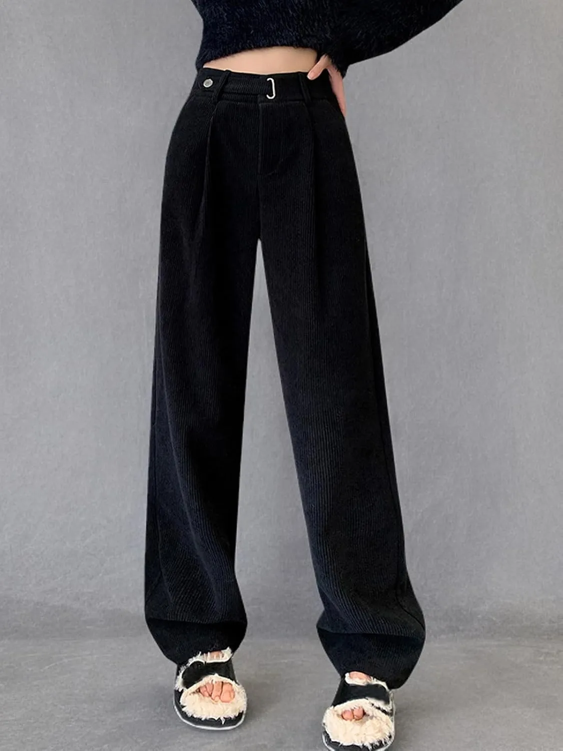 Betusline Womens Winter Wide Leg Dress Pants Work Thermal Warm Trousers, X-Small-XX-Large