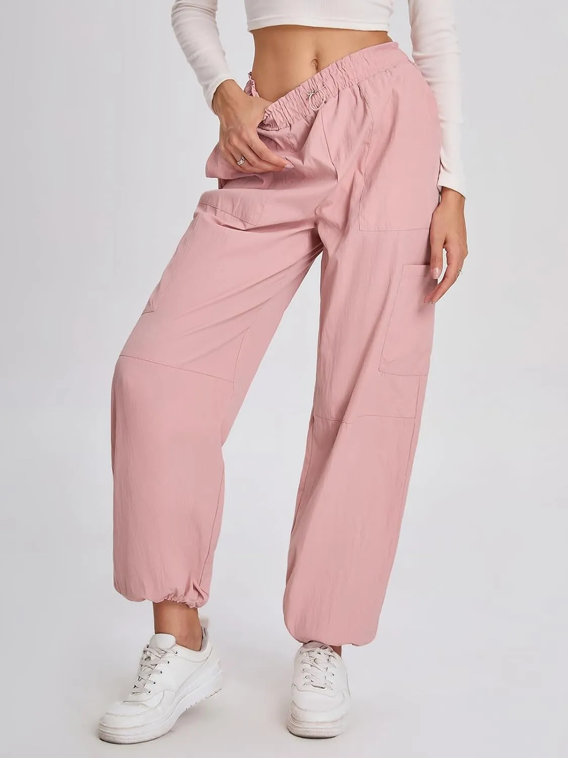 Bloggerlove Womens Cargo Pants Wide Leg Jogger Y2K Parachute Drawstring Waist Casual Baggy Pant with Pockets Trendy