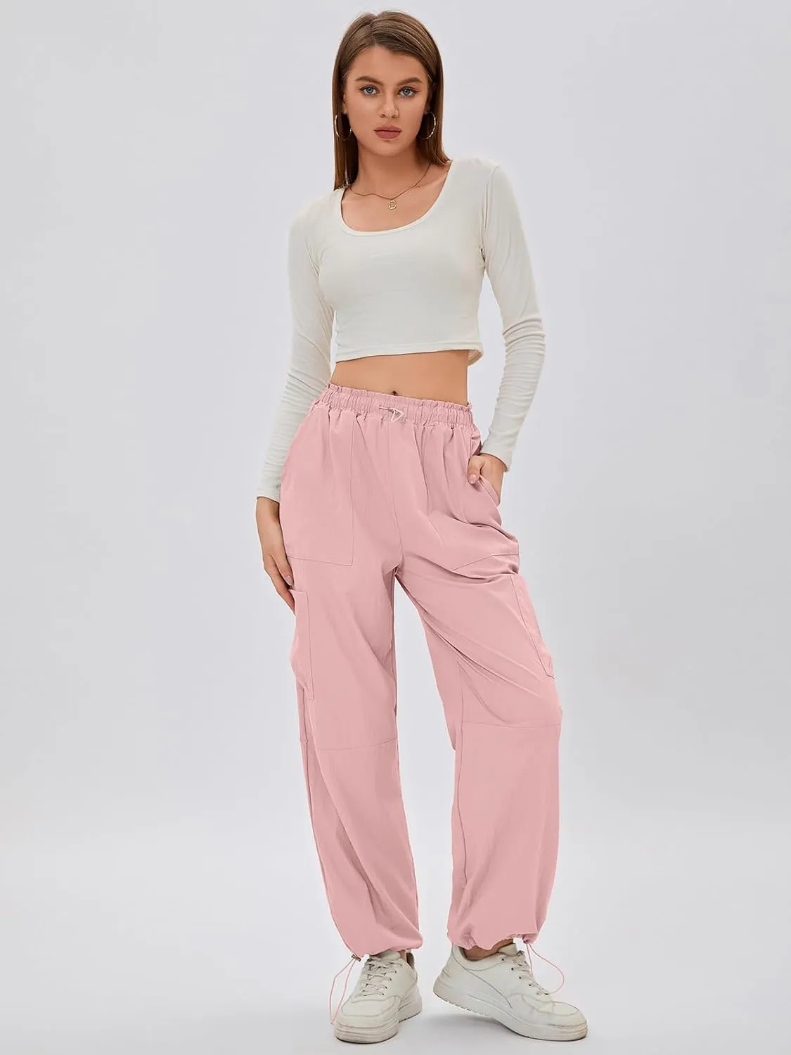 Bloggerlove Womens Cargo Pants Wide Leg Jogger Y2K Parachute Drawstring Waist Casual Baggy Pant with Pockets Trendy