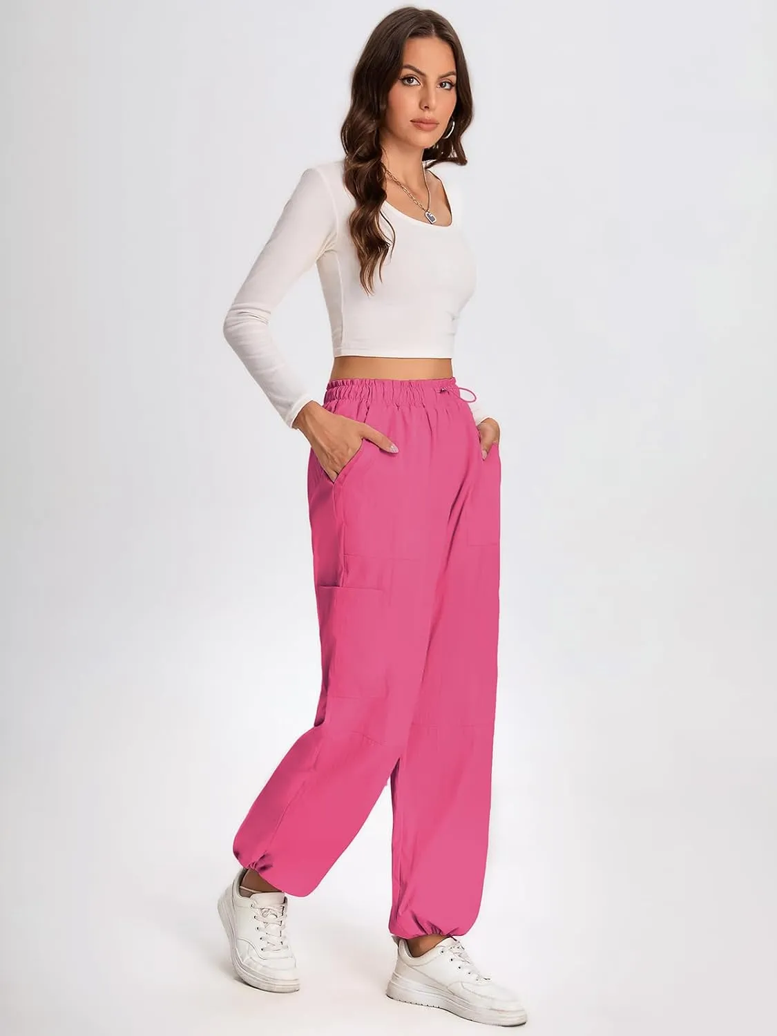 Bloggerlove Womens Cargo Pants Wide Leg Jogger Y2K Parachute Drawstring Waist Casual Baggy Pant with Pockets Trendy
