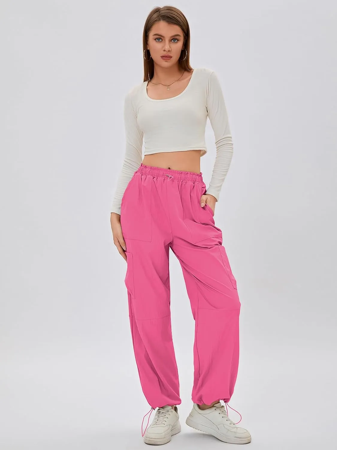 Bloggerlove Womens Cargo Pants Wide Leg Jogger Y2K Parachute Drawstring Waist Casual Baggy Pant with Pockets Trendy