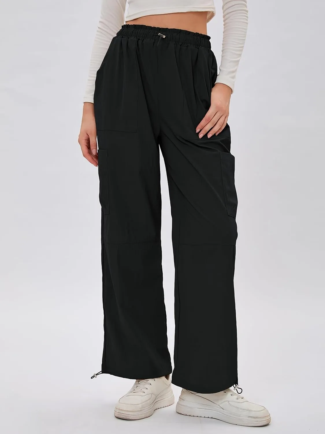Bloggerlove Womens Cargo Pants Wide Leg Jogger Y2K Parachute Drawstring Waist Casual Baggy Pant with Pockets Trendy