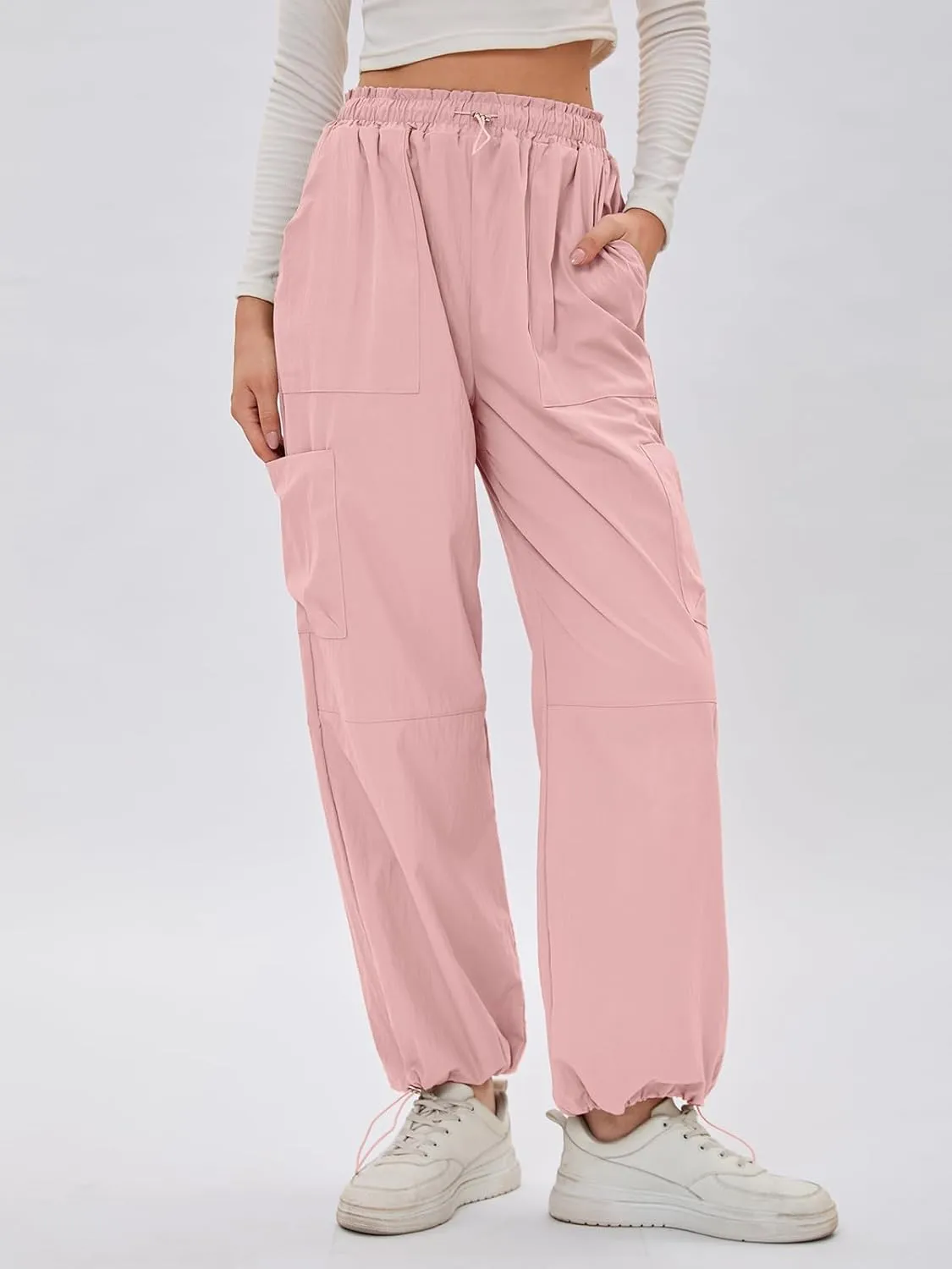 Bloggerlove Womens Cargo Pants Wide Leg Jogger Y2K Parachute Drawstring Waist Casual Baggy Pant with Pockets Trendy