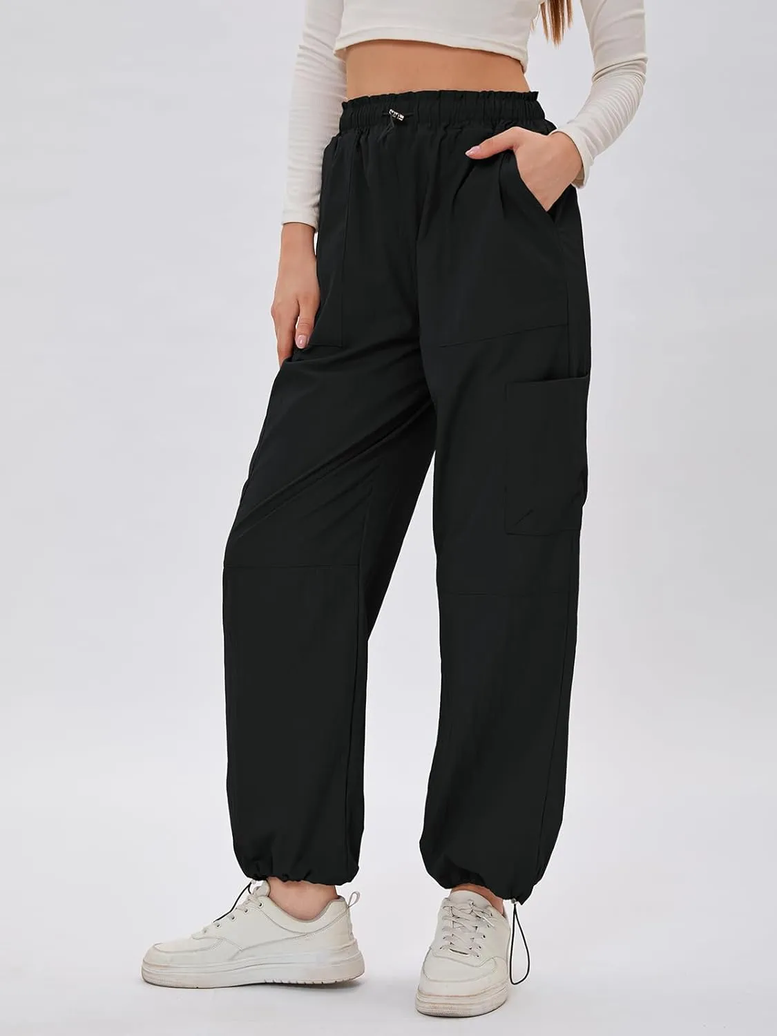 Bloggerlove Womens Cargo Pants Wide Leg Jogger Y2K Parachute Drawstring Waist Casual Baggy Pant with Pockets Trendy