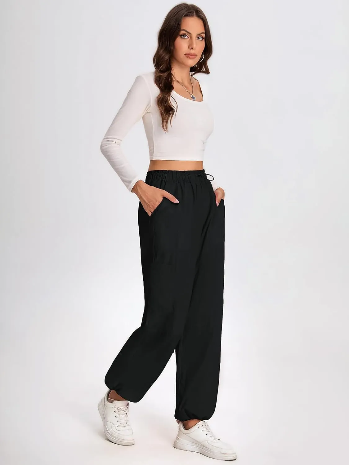 Bloggerlove Womens Cargo Pants Wide Leg Jogger Y2K Parachute Drawstring Waist Casual Baggy Pant with Pockets Trendy