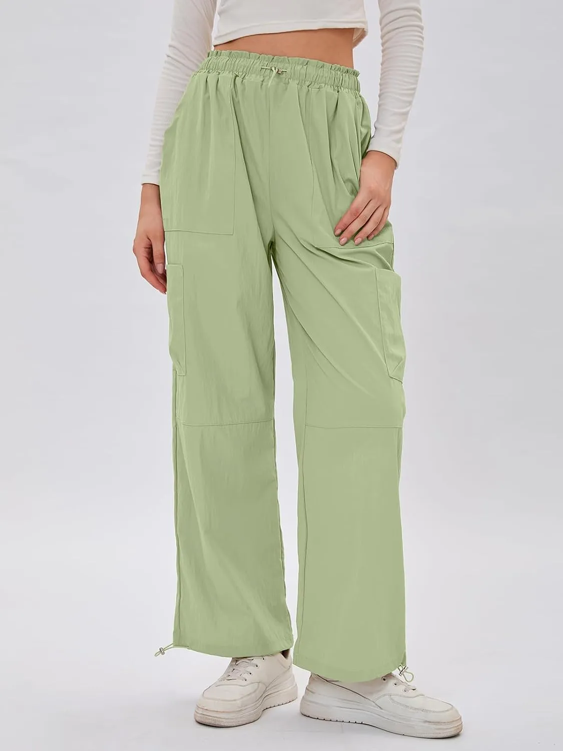 Bloggerlove Womens Cargo Pants Wide Leg Jogger Y2K Parachute Drawstring Waist Casual Baggy Pant with Pockets Trendy