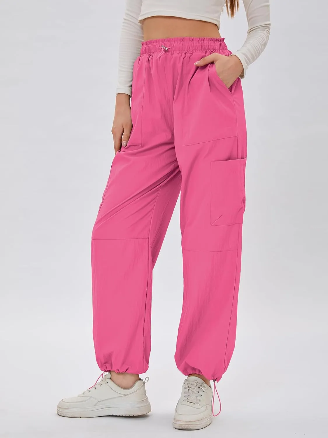 Bloggerlove Womens Cargo Pants Wide Leg Jogger Y2K Parachute Drawstring Waist Casual Baggy Pant with Pockets Trendy