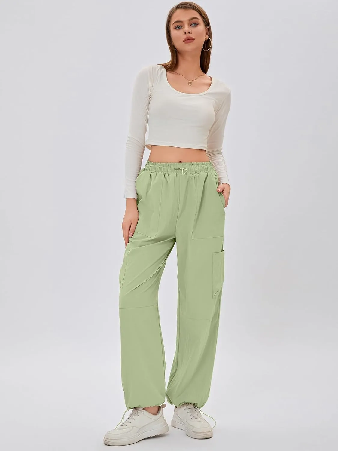 Bloggerlove Womens Cargo Pants Wide Leg Jogger Y2K Parachute Drawstring Waist Casual Baggy Pant with Pockets Trendy