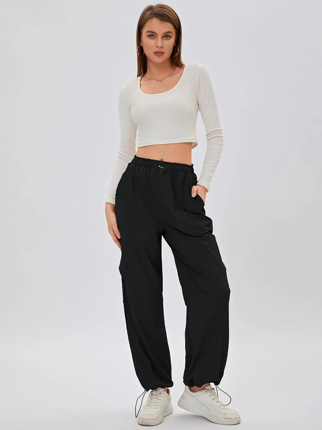 Bloggerlove Womens Cargo Pants Wide Leg Jogger Y2K Parachute Drawstring Waist Casual Baggy Pant with Pockets Trendy