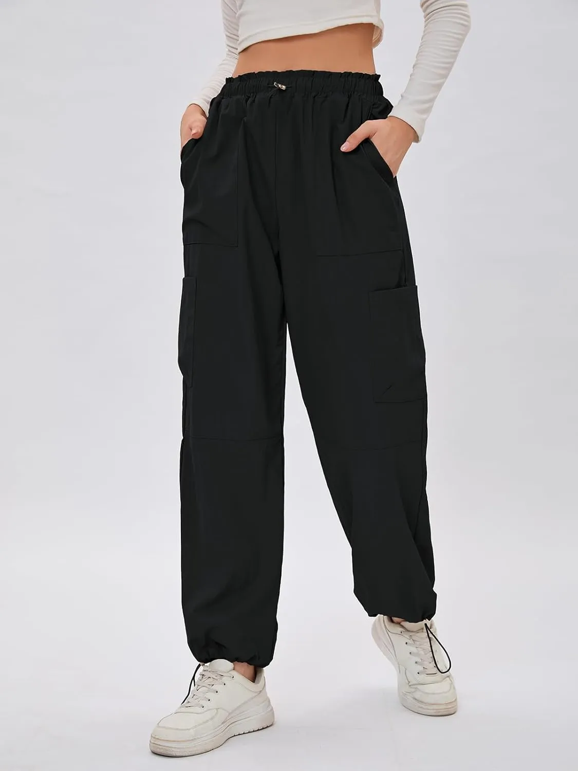 Bloggerlove Womens Cargo Pants Wide Leg Jogger Y2K Parachute Drawstring Waist Casual Baggy Pant with Pockets Trendy