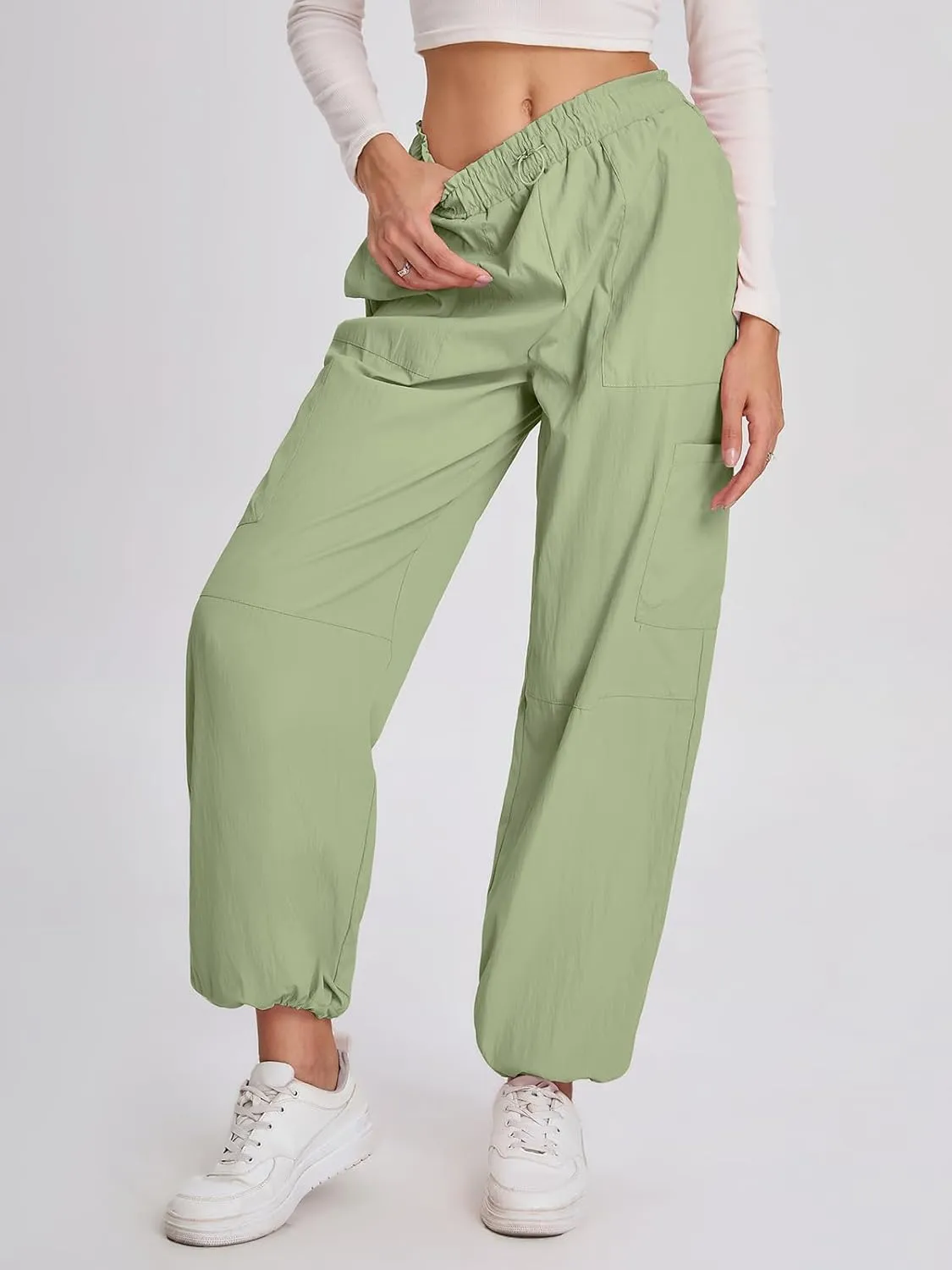 Bloggerlove Womens Cargo Pants Wide Leg Jogger Y2K Parachute Drawstring Waist Casual Baggy Pant with Pockets Trendy