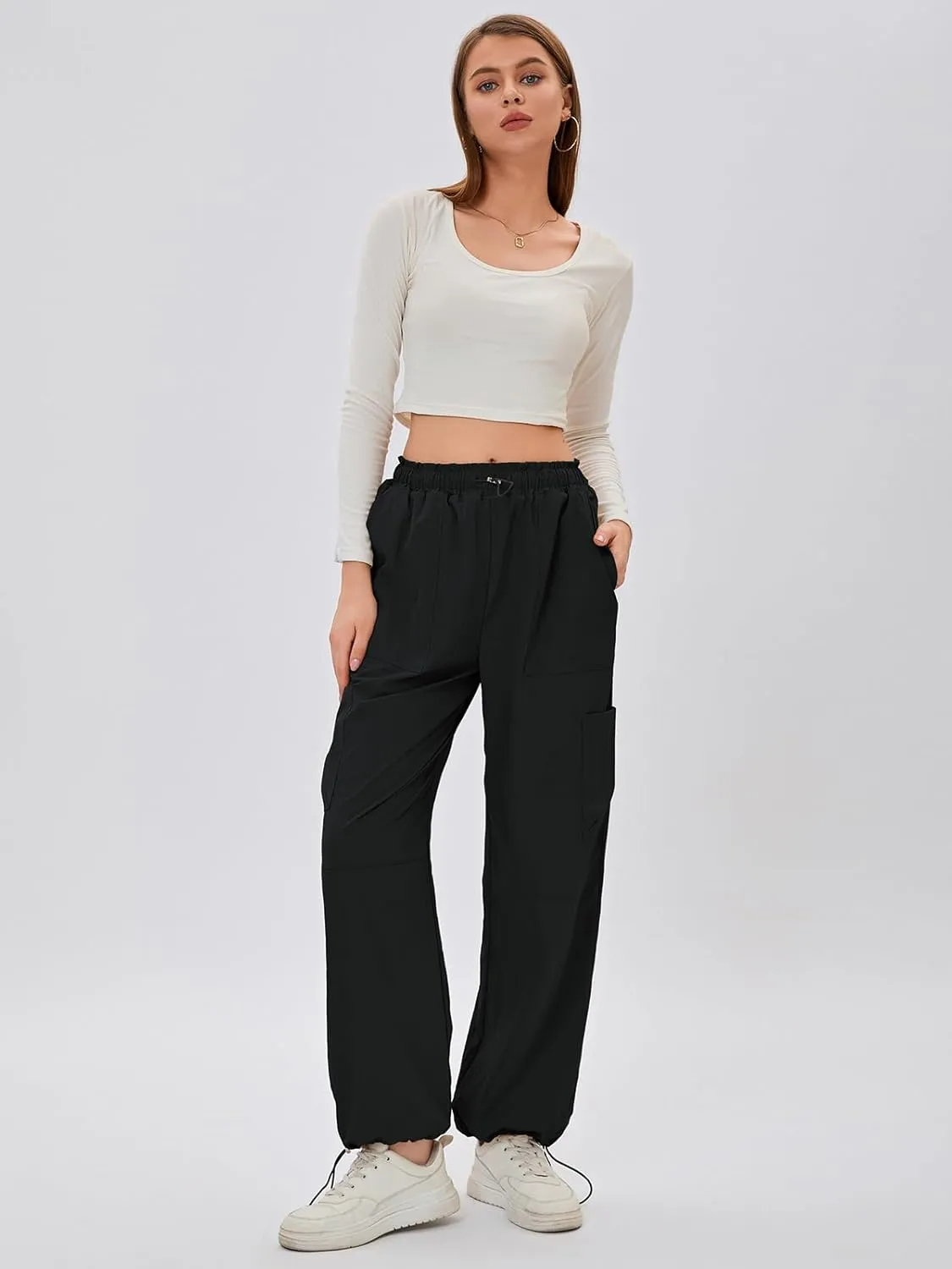 Bloggerlove Womens Cargo Pants Wide Leg Jogger Y2K Parachute Drawstring Waist Casual Baggy Pant with Pockets Trendy
