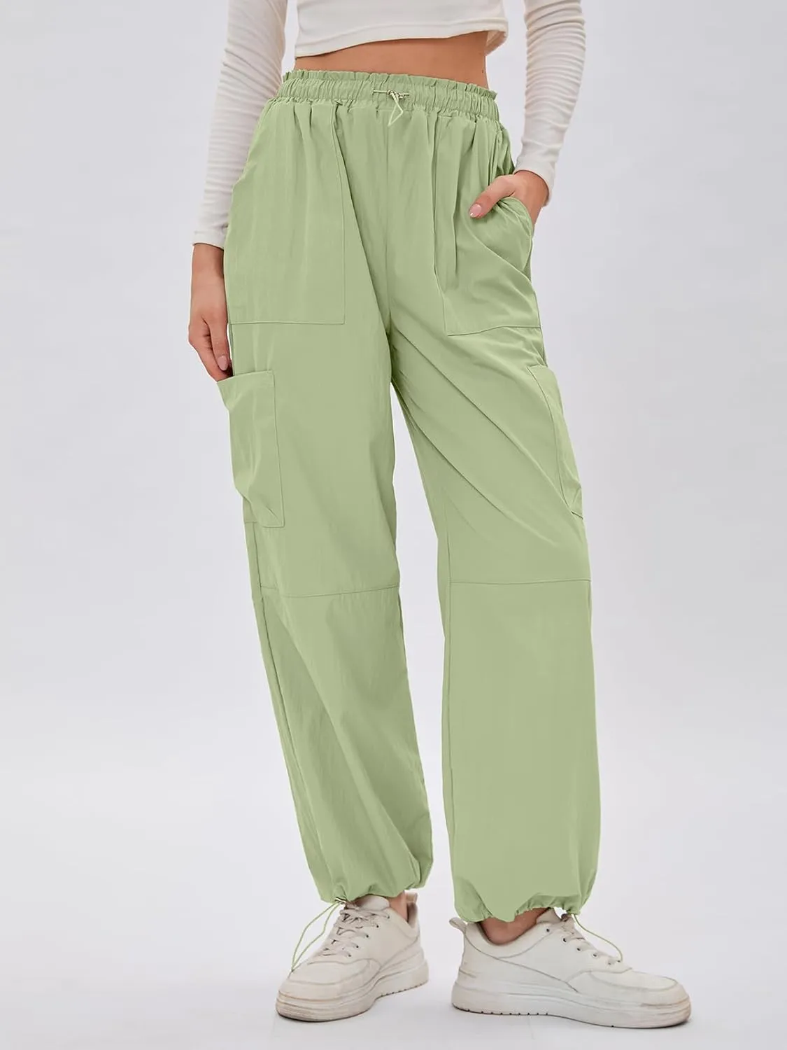 Bloggerlove Womens Cargo Pants Wide Leg Jogger Y2K Parachute Drawstring Waist Casual Baggy Pant with Pockets Trendy