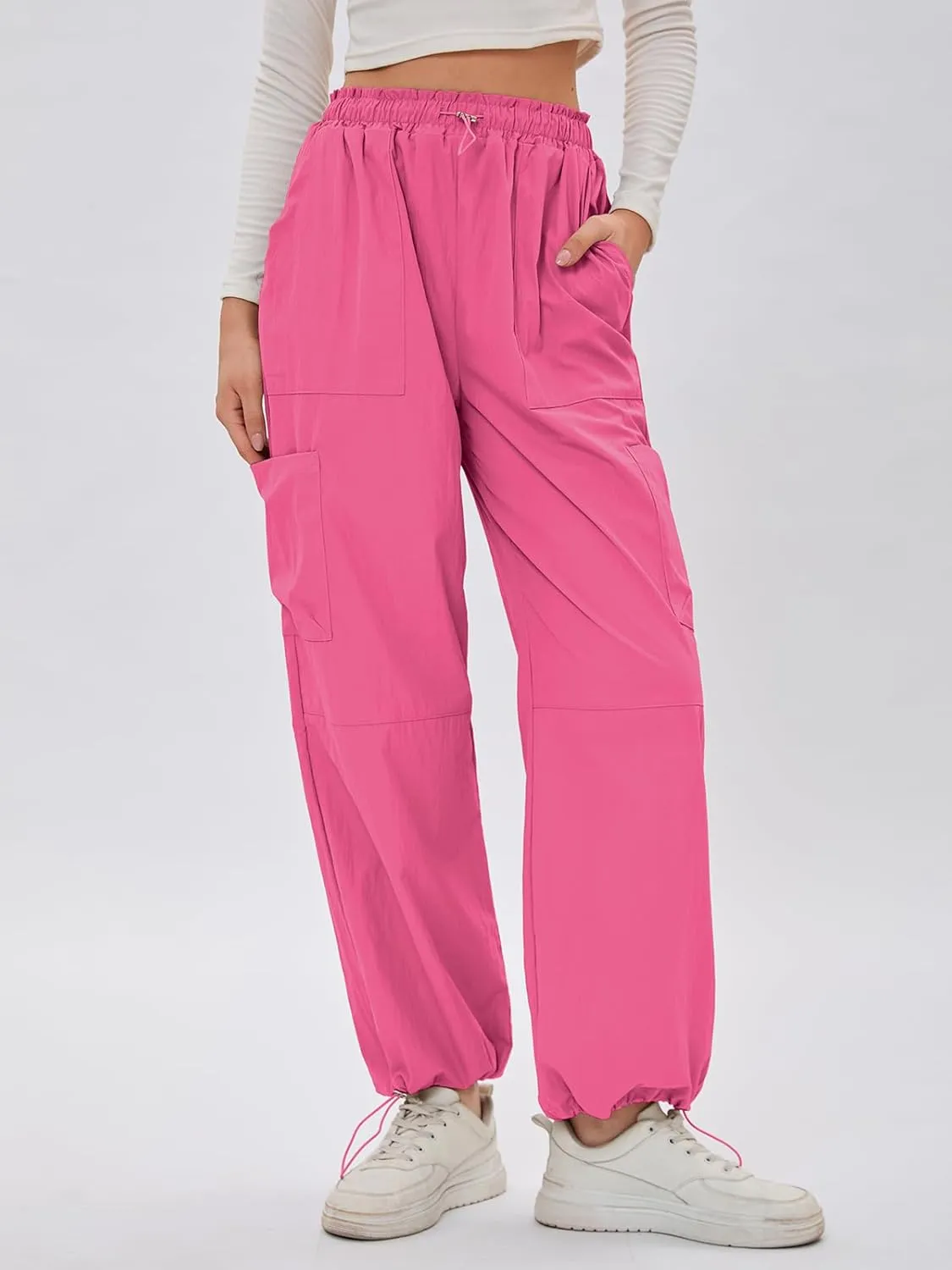 Bloggerlove Womens Cargo Pants Wide Leg Jogger Y2K Parachute Drawstring Waist Casual Baggy Pant with Pockets Trendy