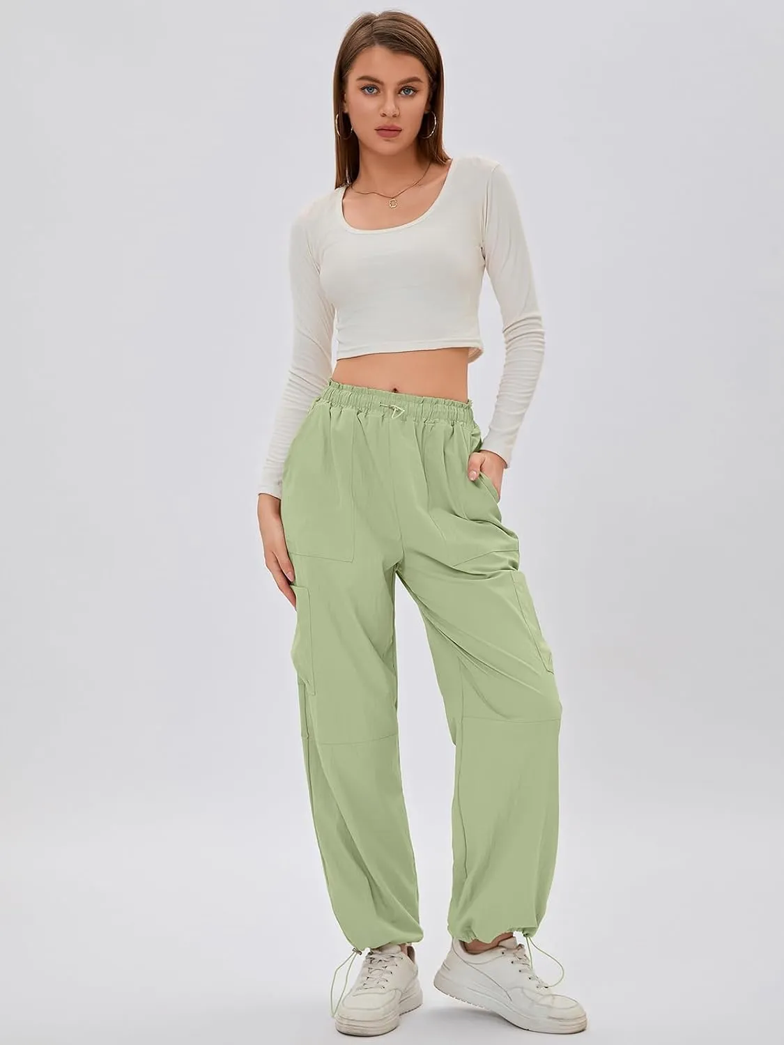 Bloggerlove Womens Cargo Pants Wide Leg Jogger Y2K Parachute Drawstring Waist Casual Baggy Pant with Pockets Trendy