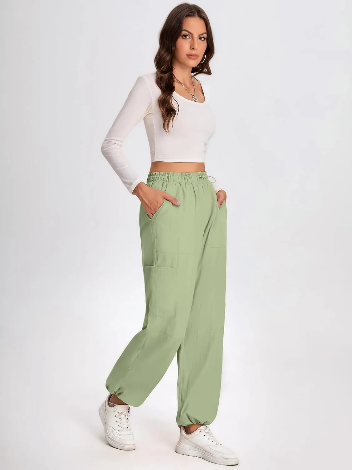 Bloggerlove Womens Cargo Pants Wide Leg Jogger Y2K Parachute Drawstring Waist Casual Baggy Pant with Pockets Trendy
