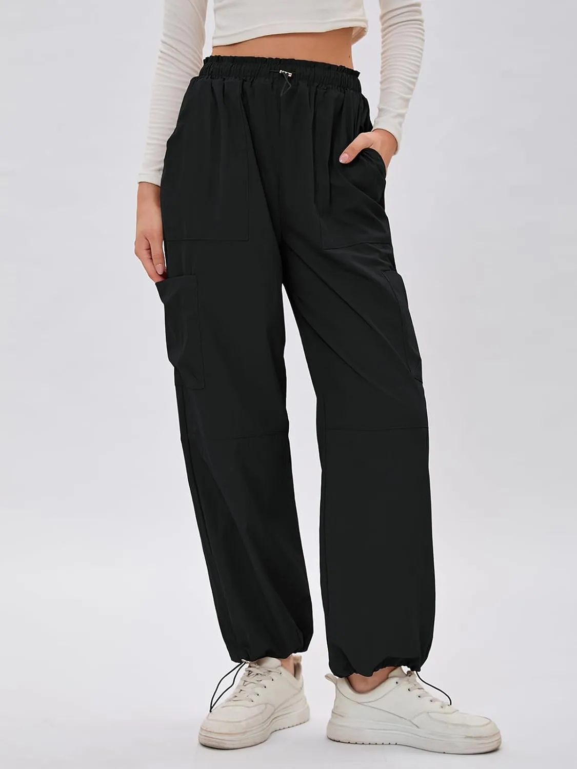 Bloggerlove Womens Cargo Pants Wide Leg Jogger Y2K Parachute Drawstring Waist Casual Baggy Pant with Pockets Trendy