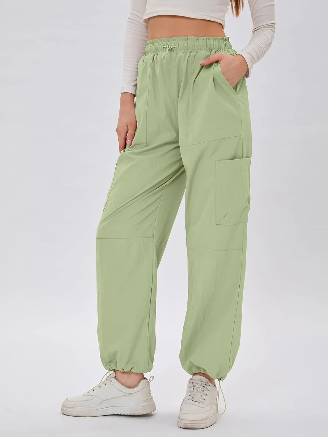Bloggerlove Womens Cargo Pants Wide Leg Jogger Y2K Parachute Drawstring Waist Casual Baggy Pant with Pockets Trendy