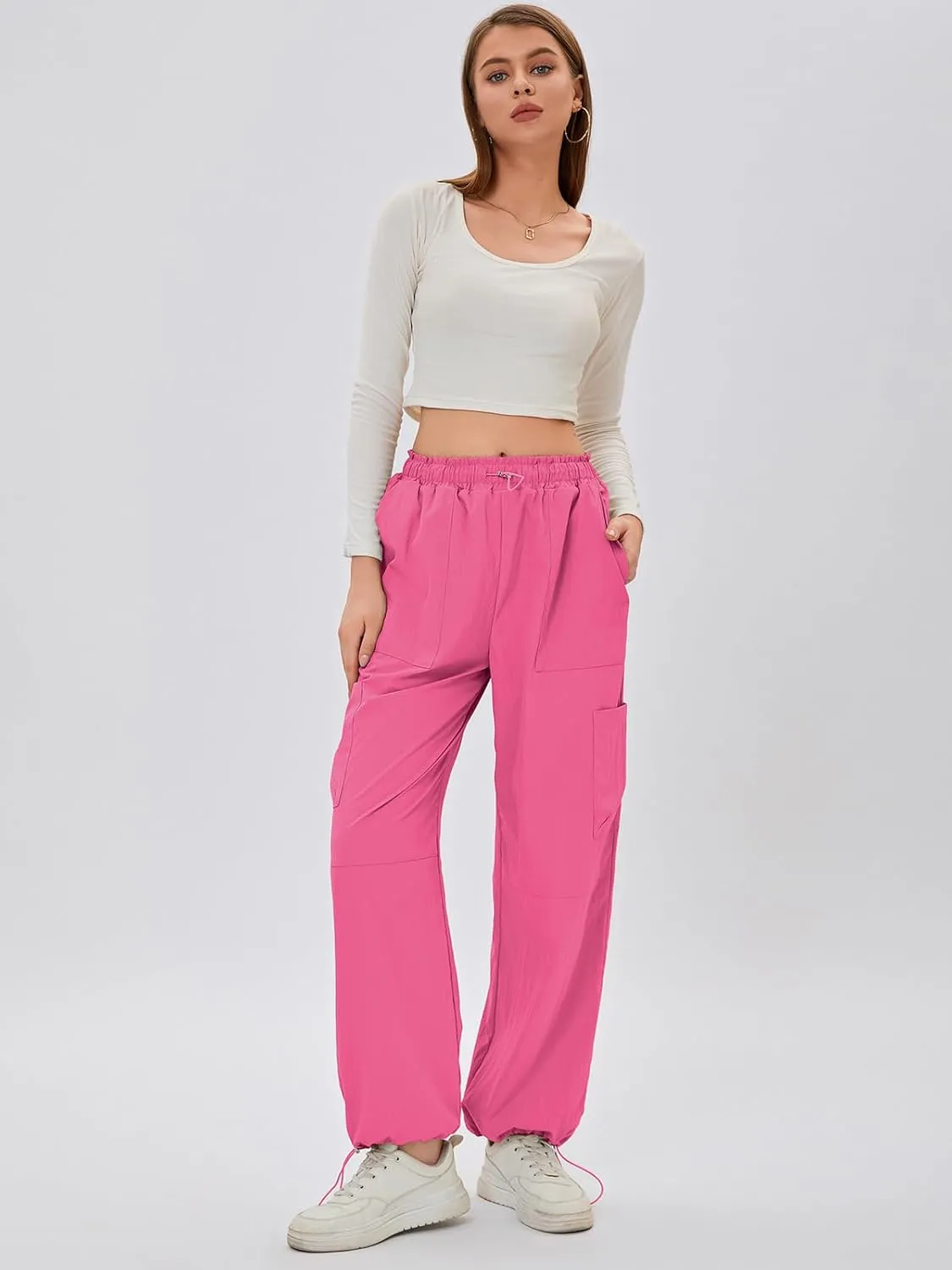 Bloggerlove Womens Cargo Pants Wide Leg Jogger Y2K Parachute Drawstring Waist Casual Baggy Pant with Pockets Trendy