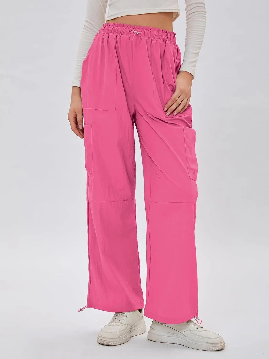 Bloggerlove Womens Cargo Pants Wide Leg Jogger Y2K Parachute Drawstring Waist Casual Baggy Pant with Pockets Trendy