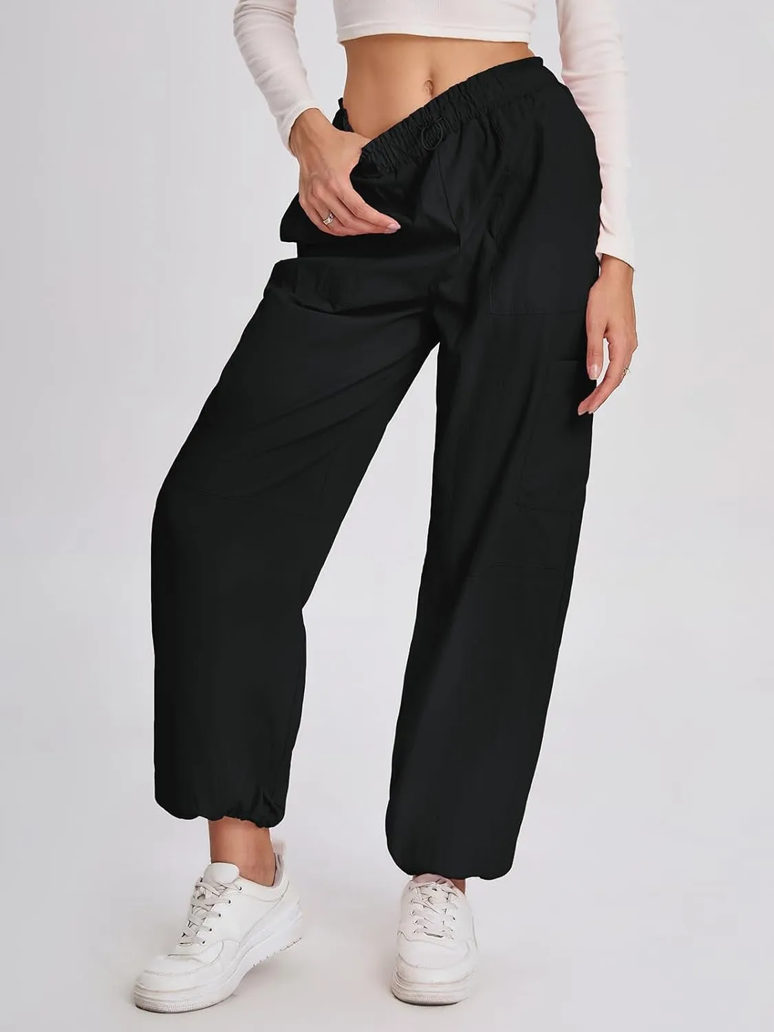 Bloggerlove Womens Cargo Pants Wide Leg Jogger Y2K Parachute Drawstring Waist Casual Baggy Pant with Pockets Trendy