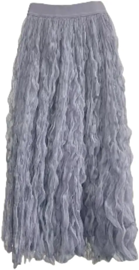 Blue Long Ruffled Tulle Skirts for Women Trendy,Flowy Fairy high Waisted midi Chic Pleated Tutu mesh Skirt Adults