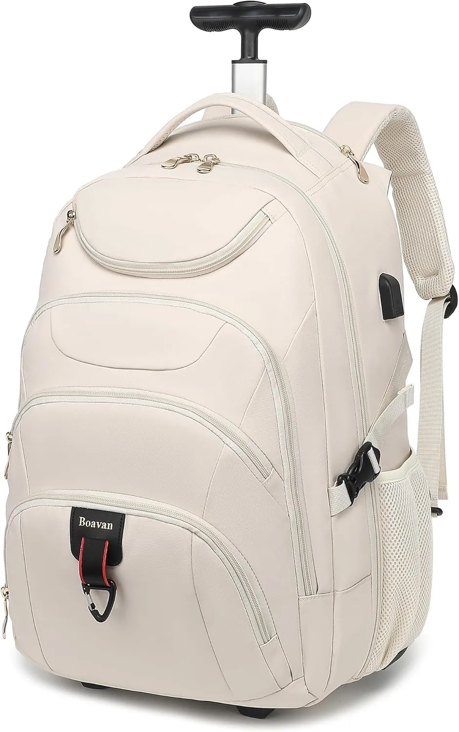 Boavan Rolling Backpack for Women, 17.3 Inch Wheeled Laptop Backpack,Large Travel Carry-On Bag for Teachers College Students, USB Charging Port Waterproof Business for Airplane Overnight LuggageBeige