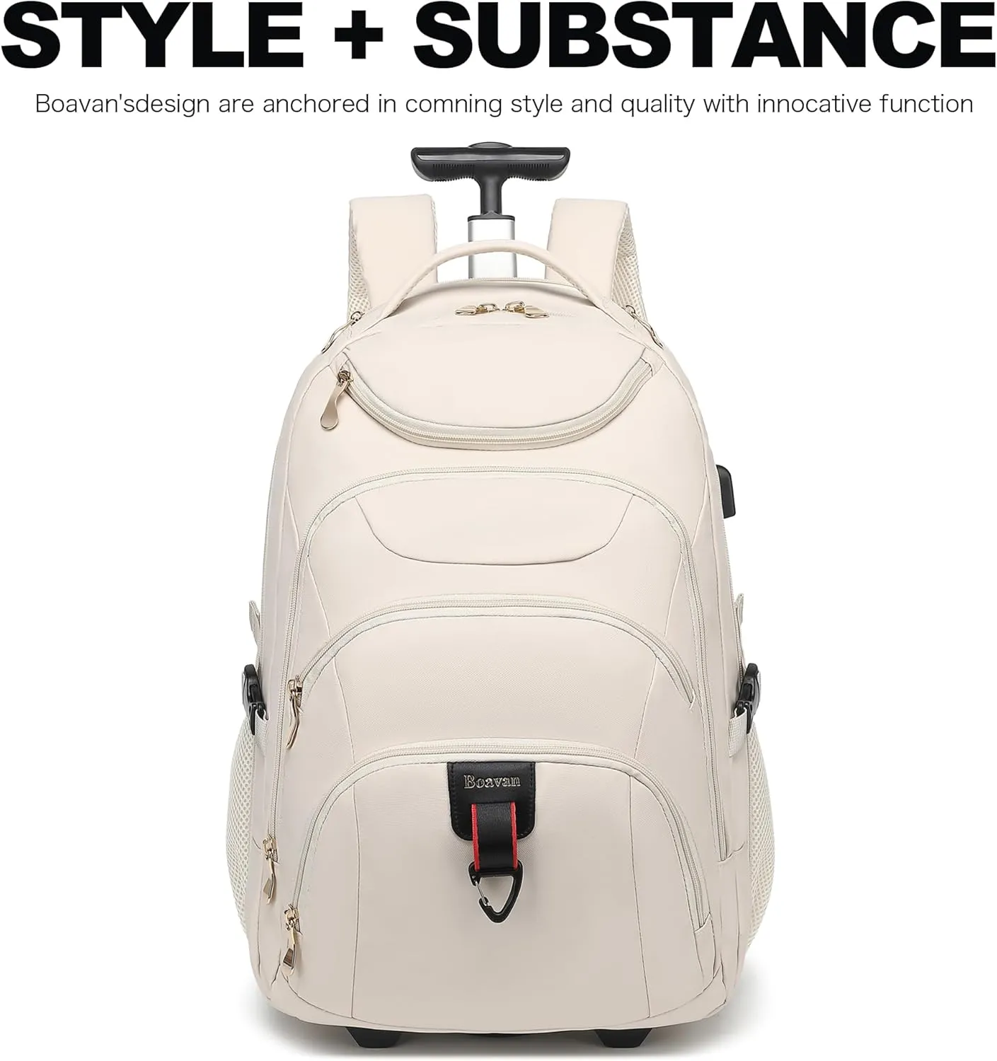 Boavan Rolling Backpack for Women, 17.3 Inch Wheeled Laptop Backpack,Large Travel Carry-On Bag for Teachers College Students, USB Charging Port Waterproof Business for Airplane Overnight LuggageBeige