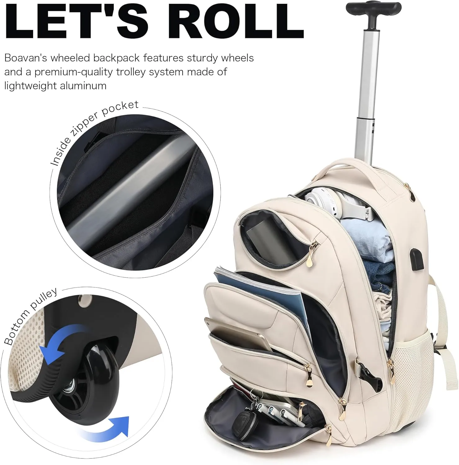 Boavan Rolling Backpack for Women, 17.3 Inch Wheeled Laptop Backpack,Large Travel Carry-On Bag for Teachers College Students, USB Charging Port Waterproof Business for Airplane Overnight LuggageBeige
