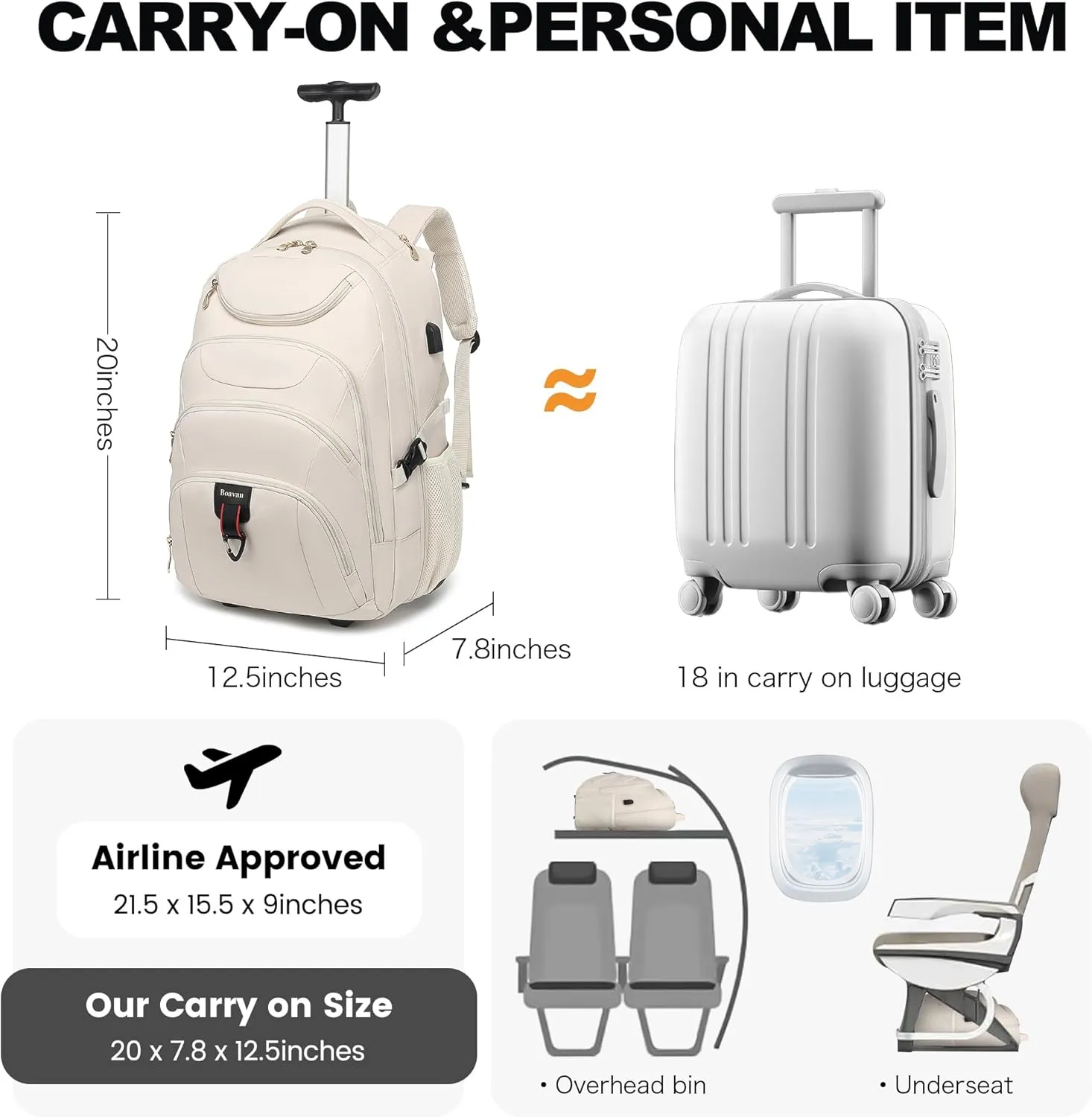 Boavan Rolling Backpack for Women, 17.3 Inch Wheeled Laptop Backpack,Large Travel Carry-On Bag for Teachers College Students, USB Charging Port Waterproof Business for Airplane Overnight LuggageBeige