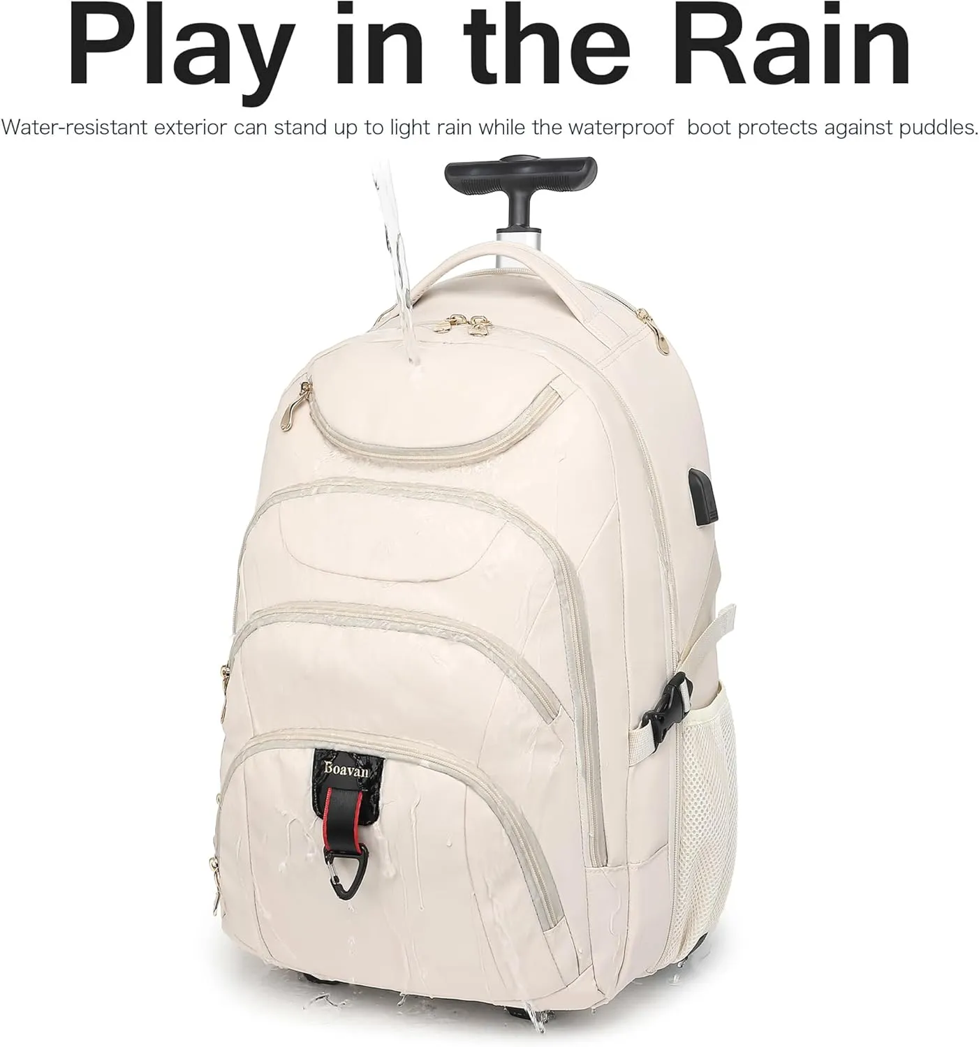 Boavan Rolling Backpack for Women, 17.3 Inch Wheeled Laptop Backpack,Large Travel Carry-On Bag for Teachers College Students, USB Charging Port Waterproof Business for Airplane Overnight LuggageBeige