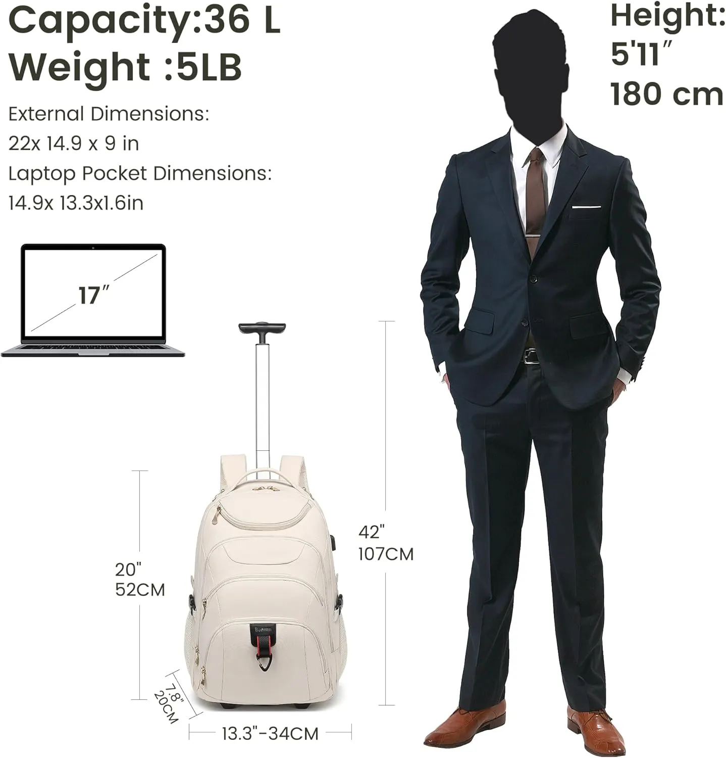 Boavan Rolling Backpack for Women, 17.3 Inch Wheeled Laptop Backpack,Large Travel Carry-On Bag for Teachers College Students, USB Charging Port Waterproof Business for Airplane Overnight LuggageBeige
