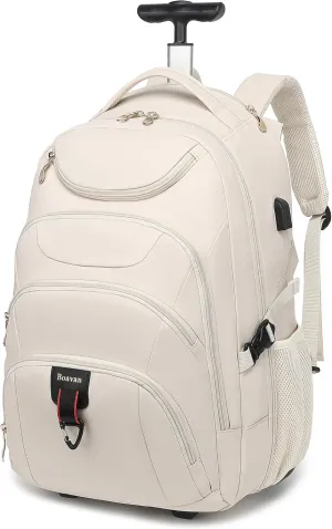 Boavan Rolling Backpack for Women, 17.3 Inch Wheeled Laptop Backpack,Large Travel Carry-On Bag for Teachers College Students, USB Charging Port Waterproof Business for Airplane Overnight LuggageBeige