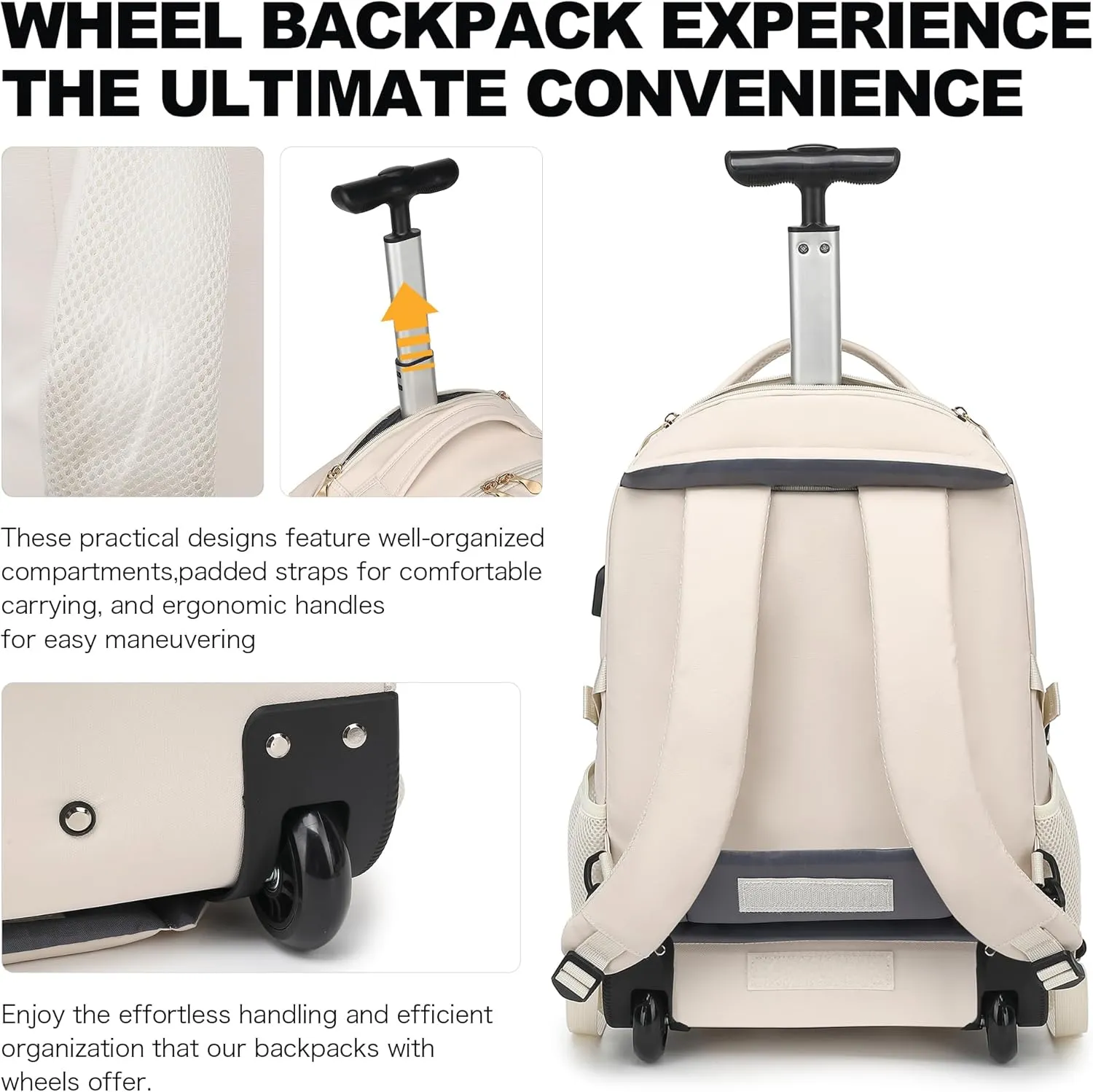 Boavan Rolling Backpack for Women, 17.3 Inch Wheeled Laptop Backpack,Large Travel Carry-On Bag for Teachers College Students, USB Charging Port Waterproof Business for Airplane Overnight LuggageBeige